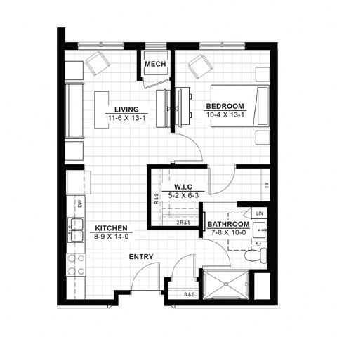 Floor plan for 1 bed, 1 bath, 600 sqft